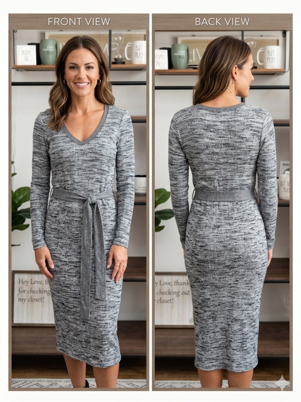 Splendid Gray Marled V-Neck Tie-Waist Knit Midi Dress